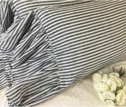 Pair Of Slate Grey & White Striped Pillow Cases With Mermaid Long Ruffles, Linen Shams, Shabby Chic