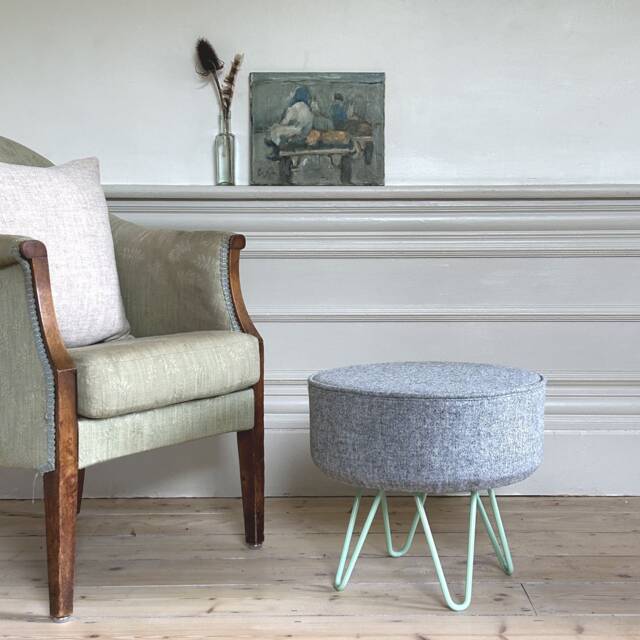 Harris Tweed Light Grey Marl Footstool With Blue Steel Hairpin Legs - image 1