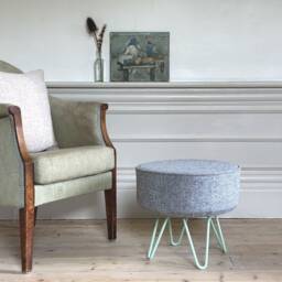 Harris Tweed Light Grey Marl Footstool With Blue Steel Hairpin Legs