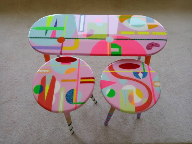 Pink Resin Nesting Coffee Tables Eclectic Neon Painted Leg Art - image 1