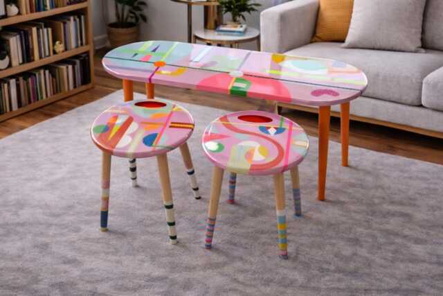 Pink Resin Nesting Coffee Tables Eclectic Neon Painted Leg Art - image 1
