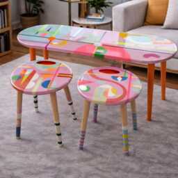 Pink Resin Nesting Coffee Tables Eclectic Neon Painted Leg Art - thumbnail 4