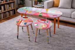 Pink Resin Nesting Coffee Tables Eclectic Neon Painted Leg Art - thumbnail 1