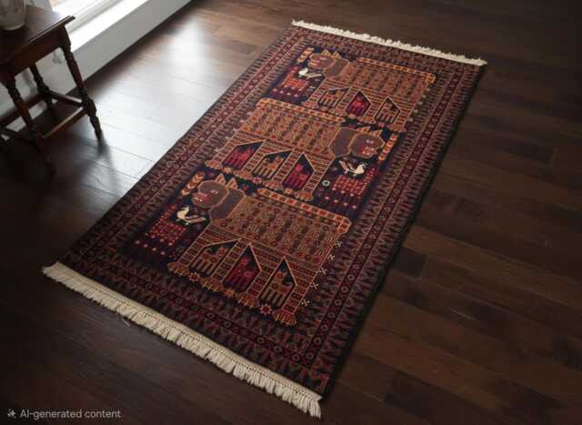 3??5 Ft Antique Baluchi Rug, Tribal Animal Design, Hand Knotted Afghan Wool Carpet - image 1