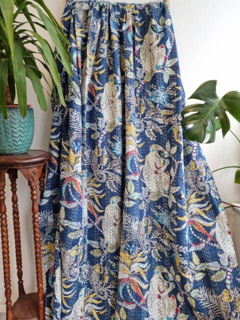 Kantha Stitch Pure Cotton Reversible Bed/Sofa Throw King Size Handmade Floral Dohar Quirky Deep Aqua Tropical Exotic Forest Animal Tribe - image 1