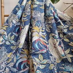 Kantha Stitch Pure Cotton Reversible Bed/Sofa Throw King Size Handmade Floral Dohar Quirky Deep Aqua Tropical Exotic Forest Animal Tribe - thumbnail 4