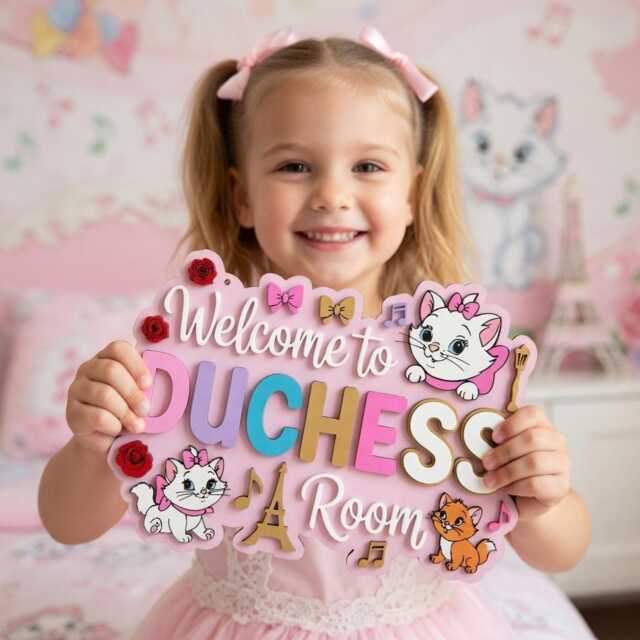 Aristocats Marie Cat Nursery Name Sign, Personalized 3D Wood Wall Decor, Paris Pink Girls Room Door Hanger, Custom Sign Gift - image 1