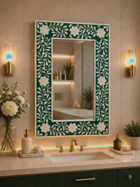 Bone Inlay Green Floral Pattern Mirror Frame With Complimentary - image 1