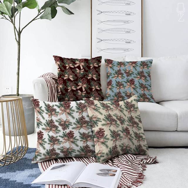 Christmas Cushion Covers With 4 Options - Xmas Ribbon Bows & Cones Double Sided Printing On The Chenille Different Sizes, Oeko-Tex?? - image 1
