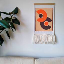 Hand-Painted Wall Hanging Orange Brown Geometric Design With Wool Fringe