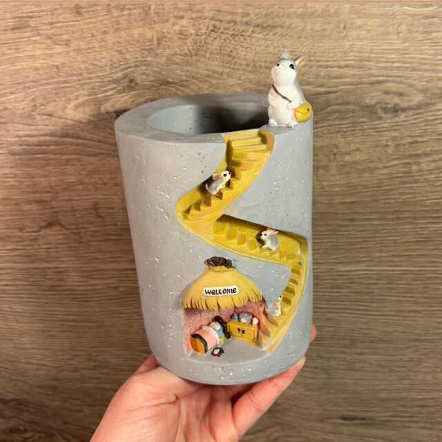 Preloved Cute Bunny Rabbit Underground House Resin Pen Holder - Grey Plastic Small Flower Plant Stand Baby Bunnies Home Decor Flowerpots - image 1