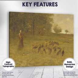Country Woman Herding Turkeys Across Misty Meadow Tonalist Landscape Canvas Wall Art Print Decor Picture Ready To Hang