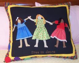 Hand Appliqued Art Pillow Dancing Girls, Embroidered - thumbnail 1