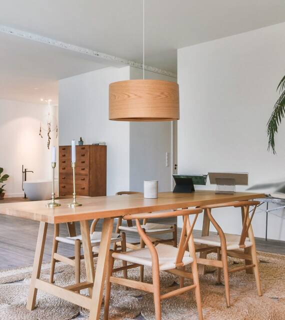 Wood Pendant Light For Scandinavian Decor, Elegant Ceiling Farmhouse Drum Lamp Shade - image 1