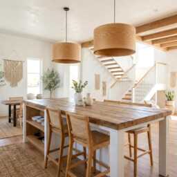 Wood Pendant Light For Scandinavian Decor, Elegant Ceiling Farmhouse Drum Lamp Shade - thumbnail 3