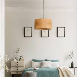 Wood Pendant Light For Scandinavian Decor, Elegant Ceiling Farmhouse Drum Lamp Shade - thumbnail 3