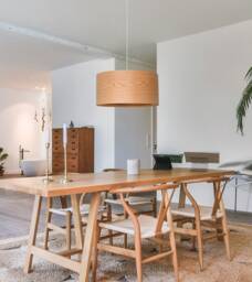 Wood Pendant Light For Scandinavian Decor, Elegant Ceiling Farmhouse Drum Lamp Shade - thumbnail 1