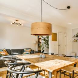 Wood Pendant Light For Scandinavian Decor, Elegant Ceiling Farmhouse Drum Lamp Shade - thumbnail 2