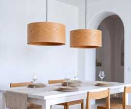 Wood Pendant Light For Scandinavian Decor, Elegant Ceiling Farmhouse Drum Lamp Shade - thumbnail 1
