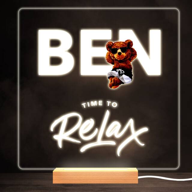 Time To Relax Cool Teddy Bear Bright Square Personalised Gift Lamp Night Light - Bedroom - image 1