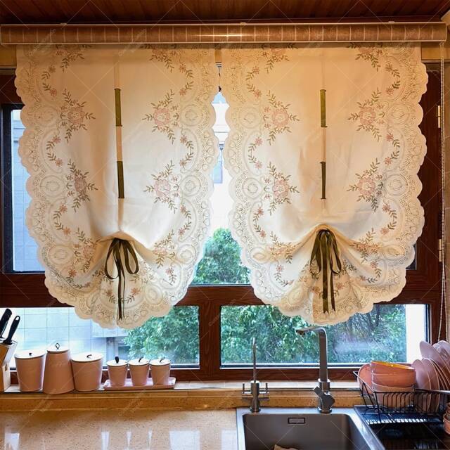 Embroidered Floral Tie Up Curtain , Farmhouse Balloon For Small Window - image 1