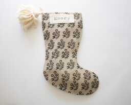Brown Floral Block Print Christmas Stockings Personalized, Neutral Linen Stockings, Modern Farmhouse Designer Stocking