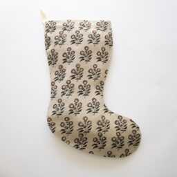 Brown Floral Block Print Christmas Stockings Personalized, Neutral Linen Stockings, Modern Farmhouse Designer Stocking - thumbnail 3