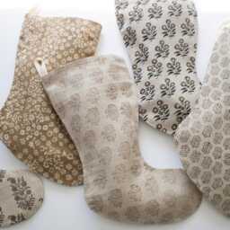 Brown Floral Block Print Christmas Stockings Personalized, Neutral Linen Stockings, Modern Farmhouse Designer Stocking - thumbnail 2