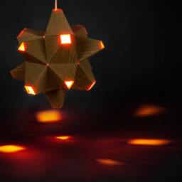 Paper Origami Lamp. Wood Grain & Orange. 48 Sides. - Polyhedra Luminaria Series - thumbnail 2
