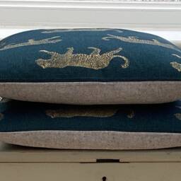 Leopard Print Cushion Cover Set Teal Blue & Gold Linen Pillow Shams - thumbnail 3