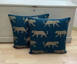Leopard Print Cushion Cover Set Teal Blue & Gold Linen Pillow Shams - thumbnail 1