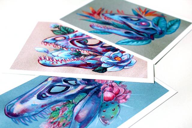 Dinosaur Skulls With Flowers Art Prints, Set Of 3 - image 1