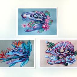 Dinosaur Skulls With Flowers Art Prints, Set Of 3 - thumbnail 2
