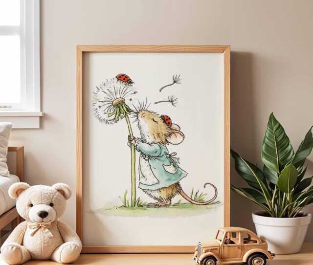 Cute Mouse Nursery Poster With Dandelion & Ladybug - Whimsical Animal Wall Art For Kids Room Baby Decor - image 1