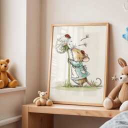 Cute Mouse Nursery Poster With Dandelion & Ladybug - Whimsical Animal Wall Art For Kids Room Baby Decor - thumbnail 3