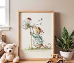 Cute Mouse Nursery Poster With Dandelion & Ladybug - Whimsical Animal Wall Art For Kids Room Baby Decor - thumbnail 1