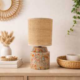 Handglazed Crystalline Ceramic Bedside Lamp With Raffia Shade - thumbnail 1
