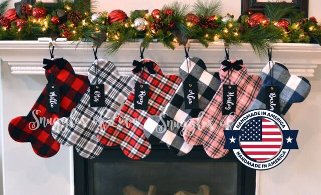 Personalized Plaid Dog Bone Christmas Stocking Includes Embroidered Tag - image 1