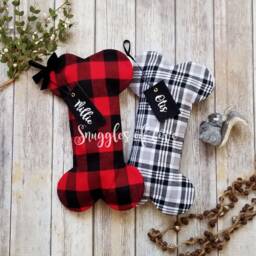 Personalized Plaid Dog Bone Christmas Stocking Includes Embroidered Tag - thumbnail 2
