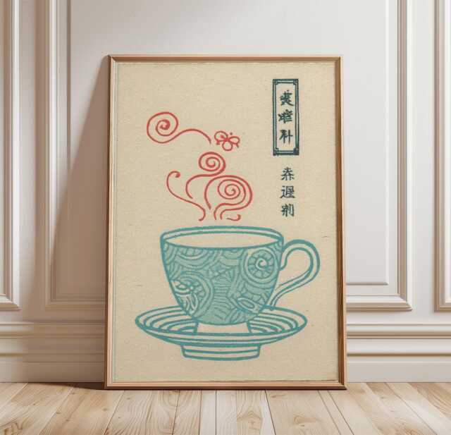 Japanese Tea Cup Wall Art Poster - Minimal Blue Line Illustration Print Red Steam Graphic Kitchen Decor - image 1