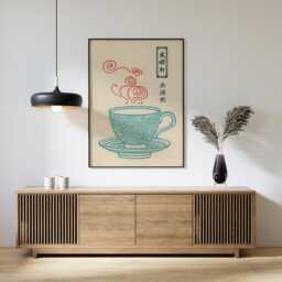 Japanese Tea Cup Wall Art Poster - Minimal Blue Line Illustration Print Red Steam Graphic Kitchen Decor - thumbnail 3