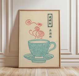 Japanese Tea Cup Wall Art Poster - Minimal Blue Line Illustration Print Red Steam Graphic Kitchen Decor - thumbnail 1