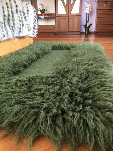 Green Fluffy Wool Rug Ethnic Fireside Throw - 59x31 Inches - image 1