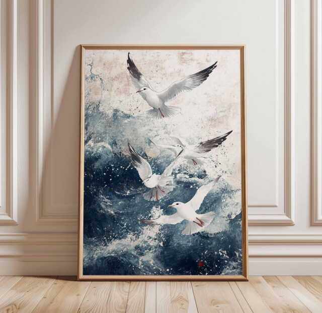 Seagulls in Waves Poster, Ocean Birds Art Print, Coastal Wall Art, Nature Seascape Decor, Flying Beach Wave - image 1