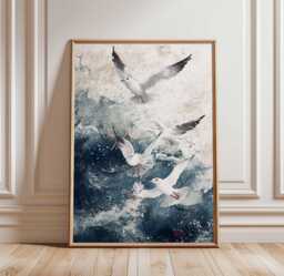 Seagulls in Waves Poster, Ocean Birds Art Print, Coastal Wall Art, Nature Seascape Decor, Flying Beach Wave - thumbnail 1