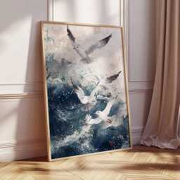 Seagulls in Waves Poster, Ocean Birds Art Print, Coastal Wall Art, Nature Seascape Decor, Flying Beach Wave - thumbnail 2