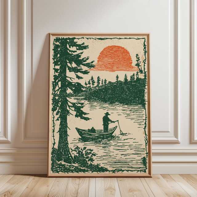 Fishing Poster, Retro Linocut Lake Art Print, Vintage Fisherman Wall Decor - image 1