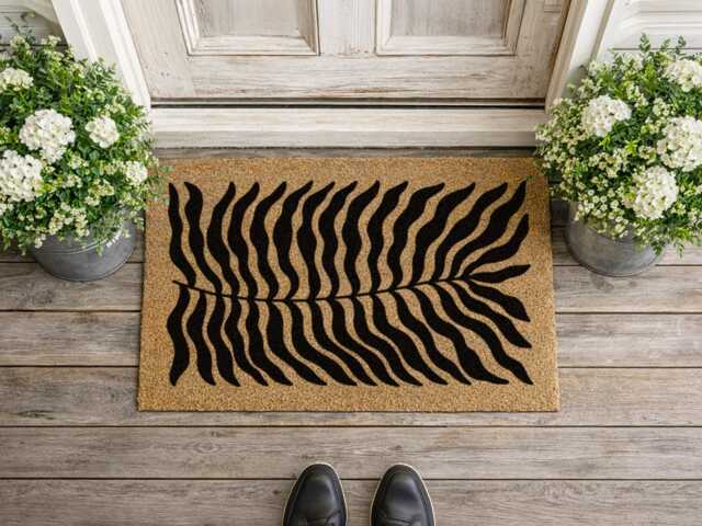 Retro Botanical Welcome Mat - Bold Black Wavy Leaf Design - image 1