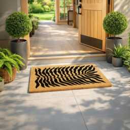 Retro Botanical Welcome Mat - Bold Black Wavy Leaf Design - thumbnail 2
