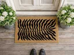 Retro Botanical Welcome Mat - Bold Black Wavy Leaf Design - thumbnail 1